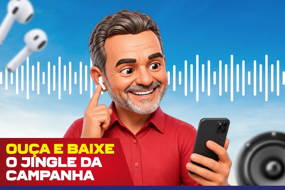Ouça e baixe o jingle da campanha: caricatura de Daniel de fone de ouvido, com uma onda sonora ao fundo