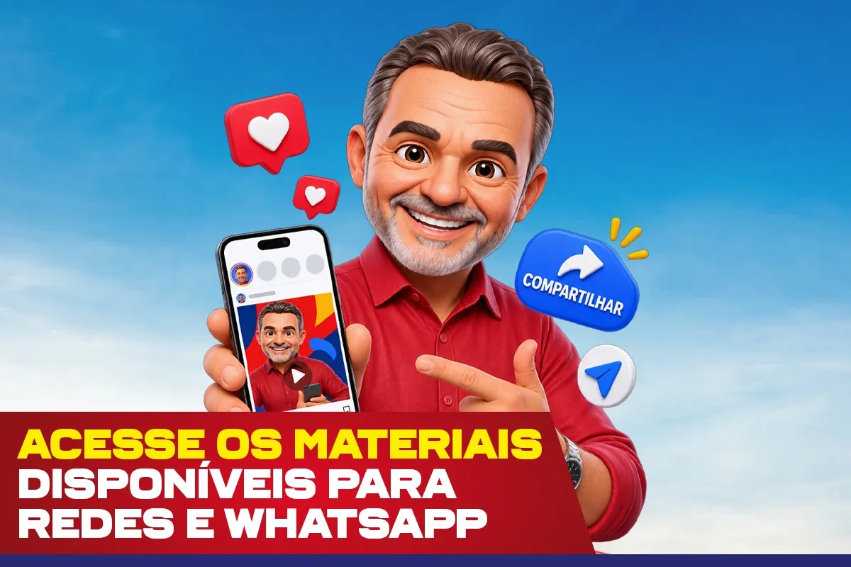 Acesse os materiais para redes e WhatsApp: caricatura de Daniel mostrando o celular, entre ícones de curtida e compartilhamento